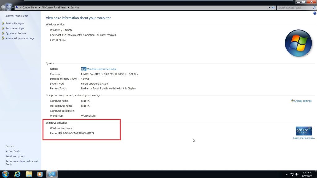 Windows 7 is activated